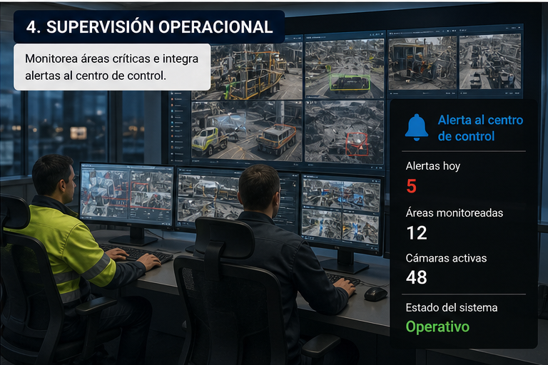 Centro de control monitoreando cámaras de operación minera